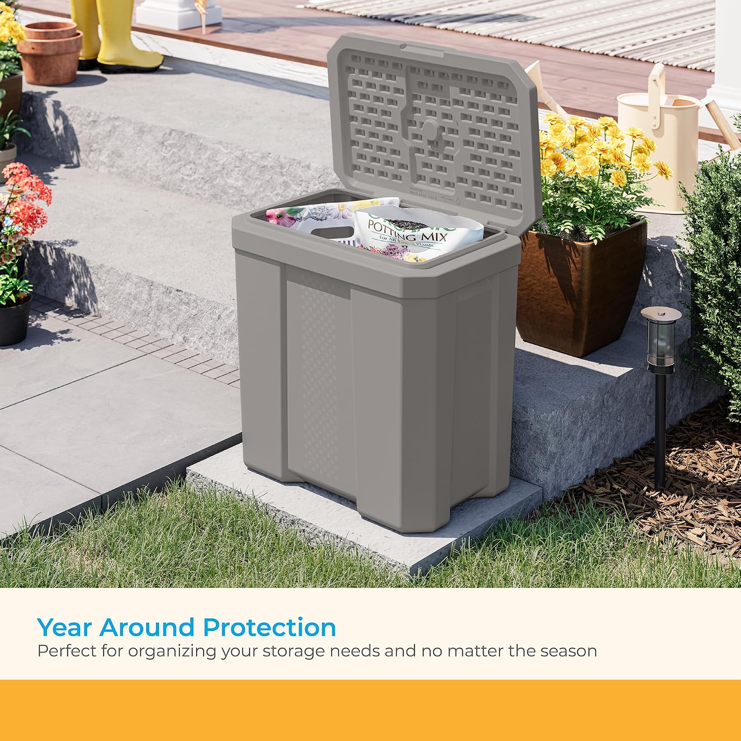 Suncast 28 Gallon Heavy Duty Storage Box, Durable, Multi-Purpose Container for Salt, Sand, Dirt, Ice Melt, and Outdoor Supplies, Made in the USA, Made in the USA