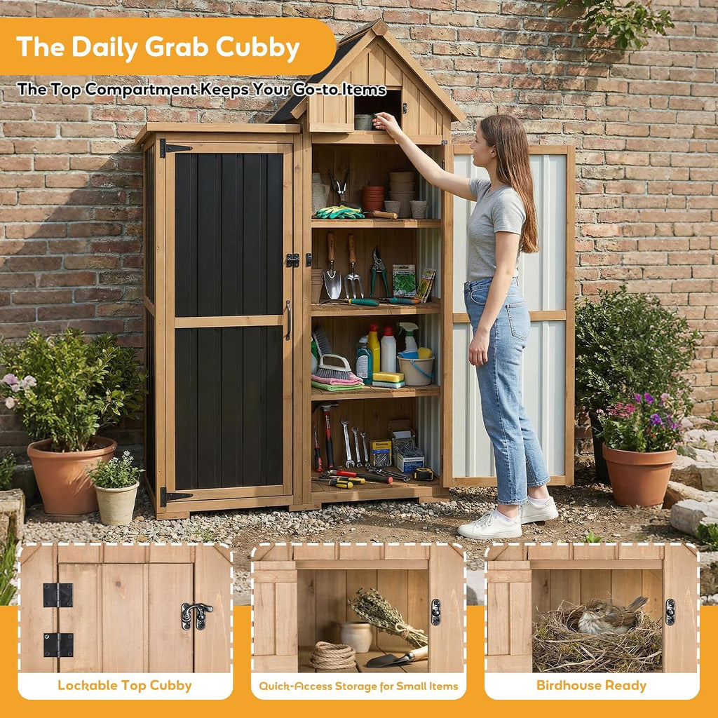 PetsCosset Outdoor Storage Cabinet Wood & Metal Garden Shed with Lockable Doors, 3 Adjustable Shelves, Weatherproof Patio Backyard Storage for Tools & Garden Supplies