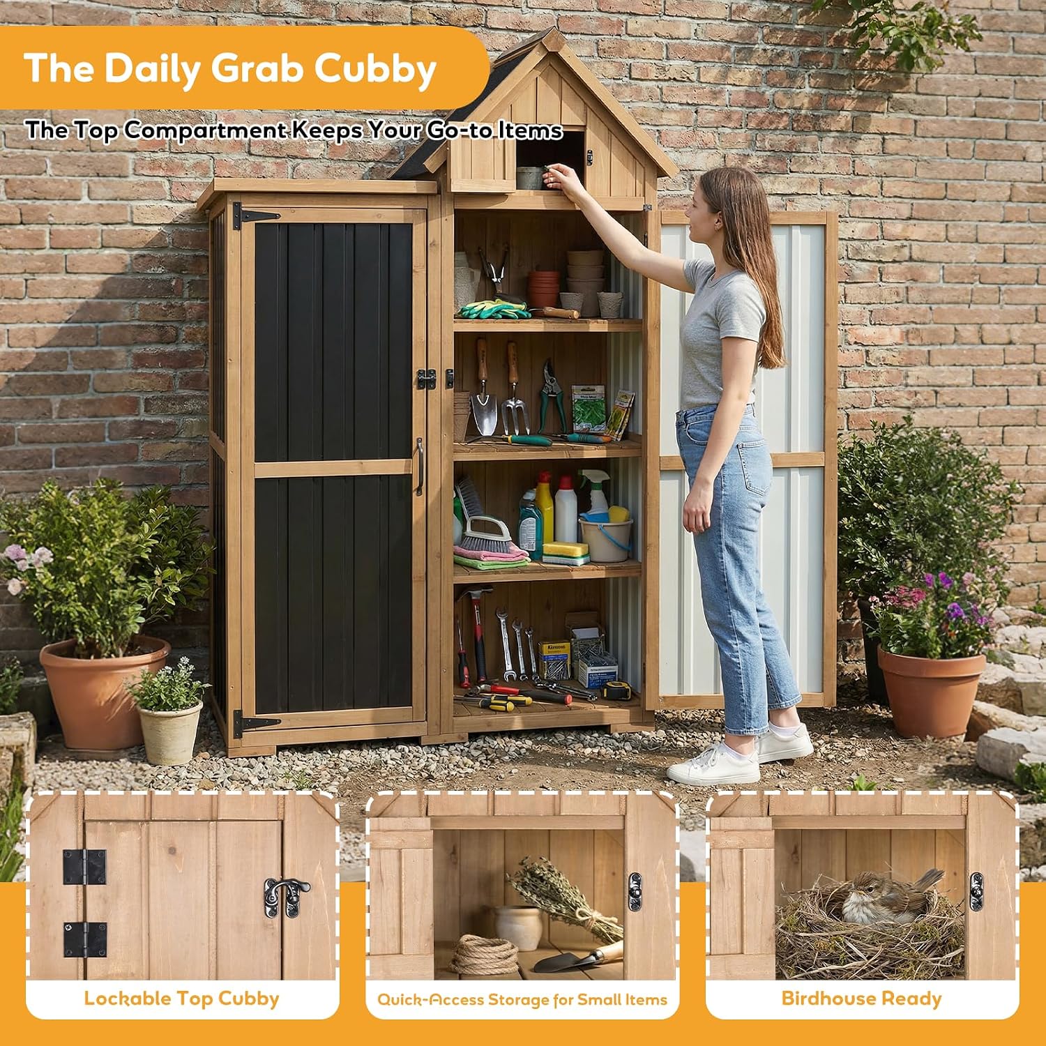 PetsCosset Outdoor Storage Cabinet Wood & Metal Garden Shed with Lockable Doors, 3 Adjustable Shelves, Weatherproof Patio Backyard Storage for Tools & Garden Supplies