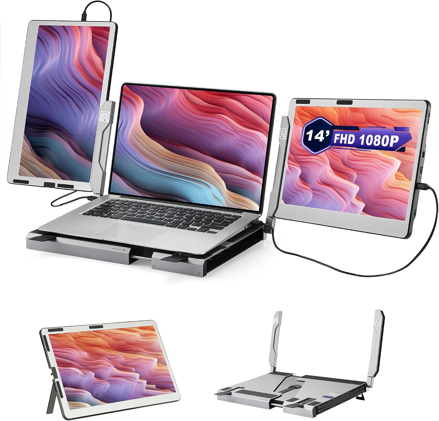 JoyReal F2 Laptop Screen Extender, 14'' 1080P Triple Portable Monitor for Laptop, 360 Rotating Monitor Desk Workstation with Multiple Laptops Stand for mac Windows Surface PS Switch