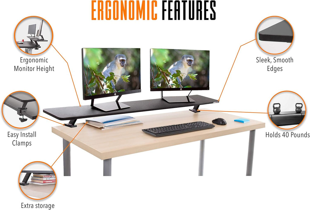 Stand Steady 55 Inch Clamp On Desk Shelf | Large Monitor Riser Supports 3 Screens for Extra Storage | Ergonomic Monitor Stand Securely Attaches to Surface with Clamp Base - No Screws (55 in/Black)