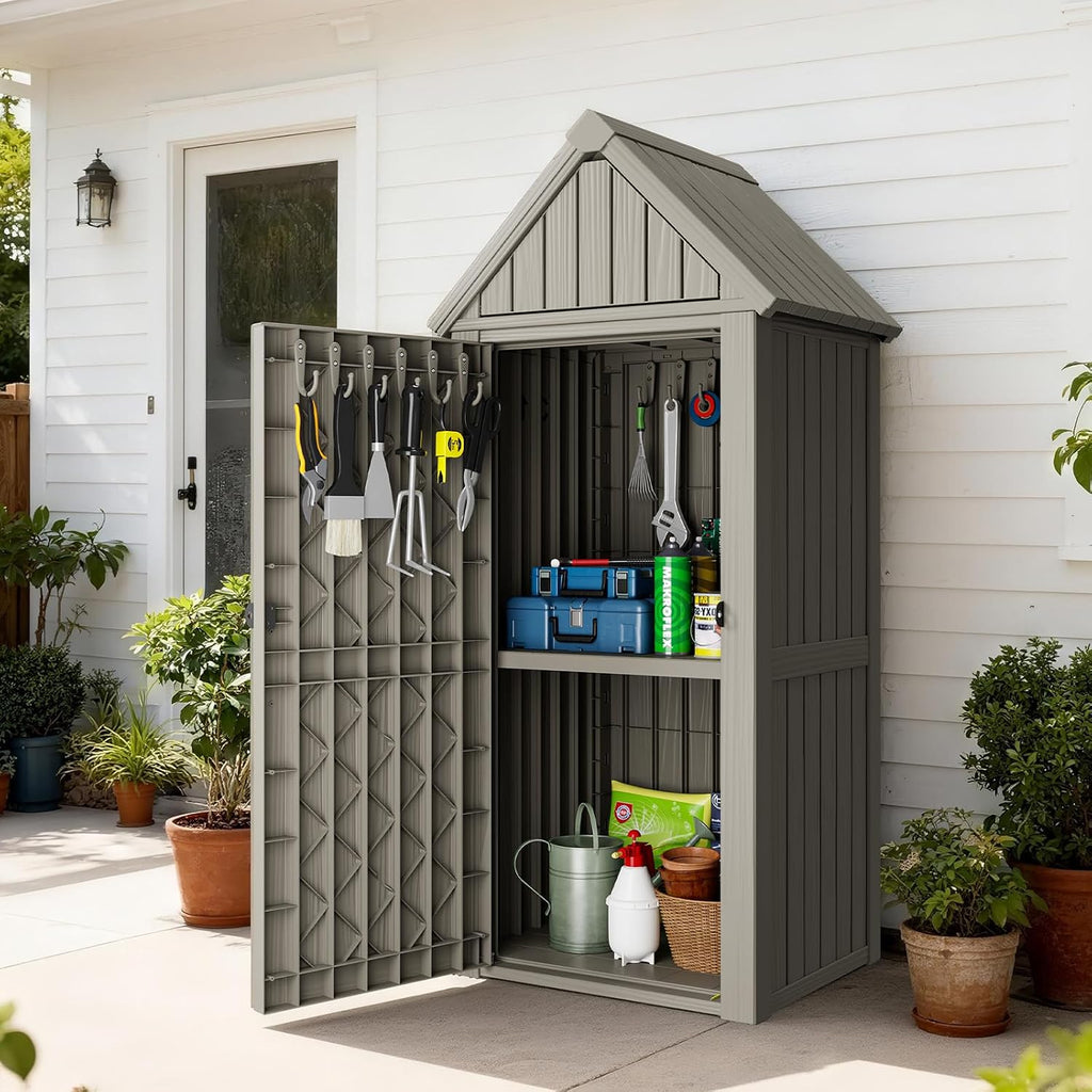 Outdoor Resin Storage Shed, Outdoor Storage Cabinet Waterproof with Hooks and Lock Ring, Multifunctional Storage Shed with Floor and Removable Shelves, All Weather Tool Shed for Patio, Lawn, Brown