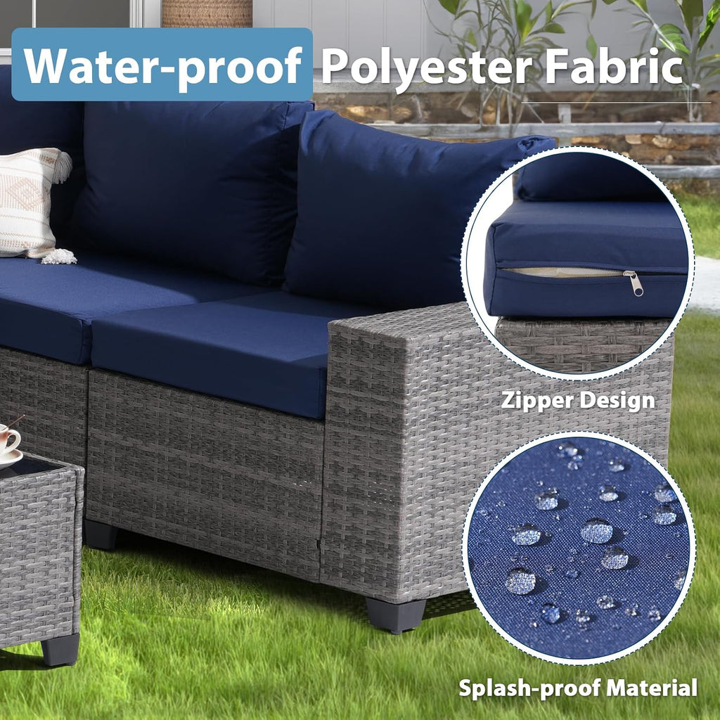 JOIVI 6-Piece Outdoor Patio Furniture Set, Rattan Patio Conversation Set with Coffee Table, L-shaped Wicker Outdoor Sectional Sofa Set with Wide Armrest and Cushions for Garden, Deck, Porch, Navy Blue