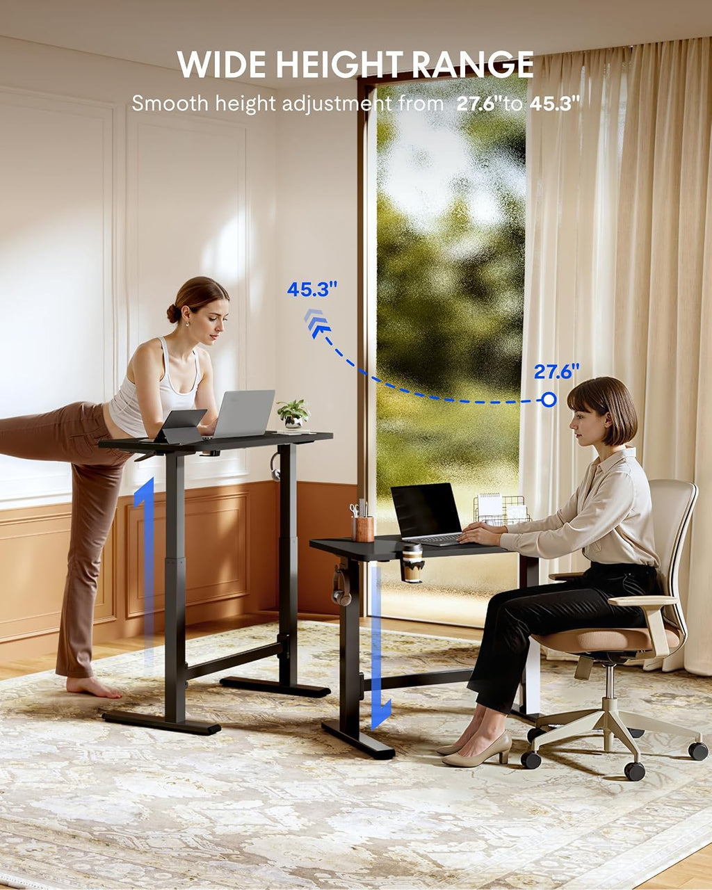 FLEXISPOT H7 Plus Gas Spring Adjustable Standing Desk, Mobile Rolling Sit-Stand Table with Wheels, Cordless Stand Up Desk for Small Spaces & Home Office, 48' One-Piece Desktop Black,Height 27.6'–45'