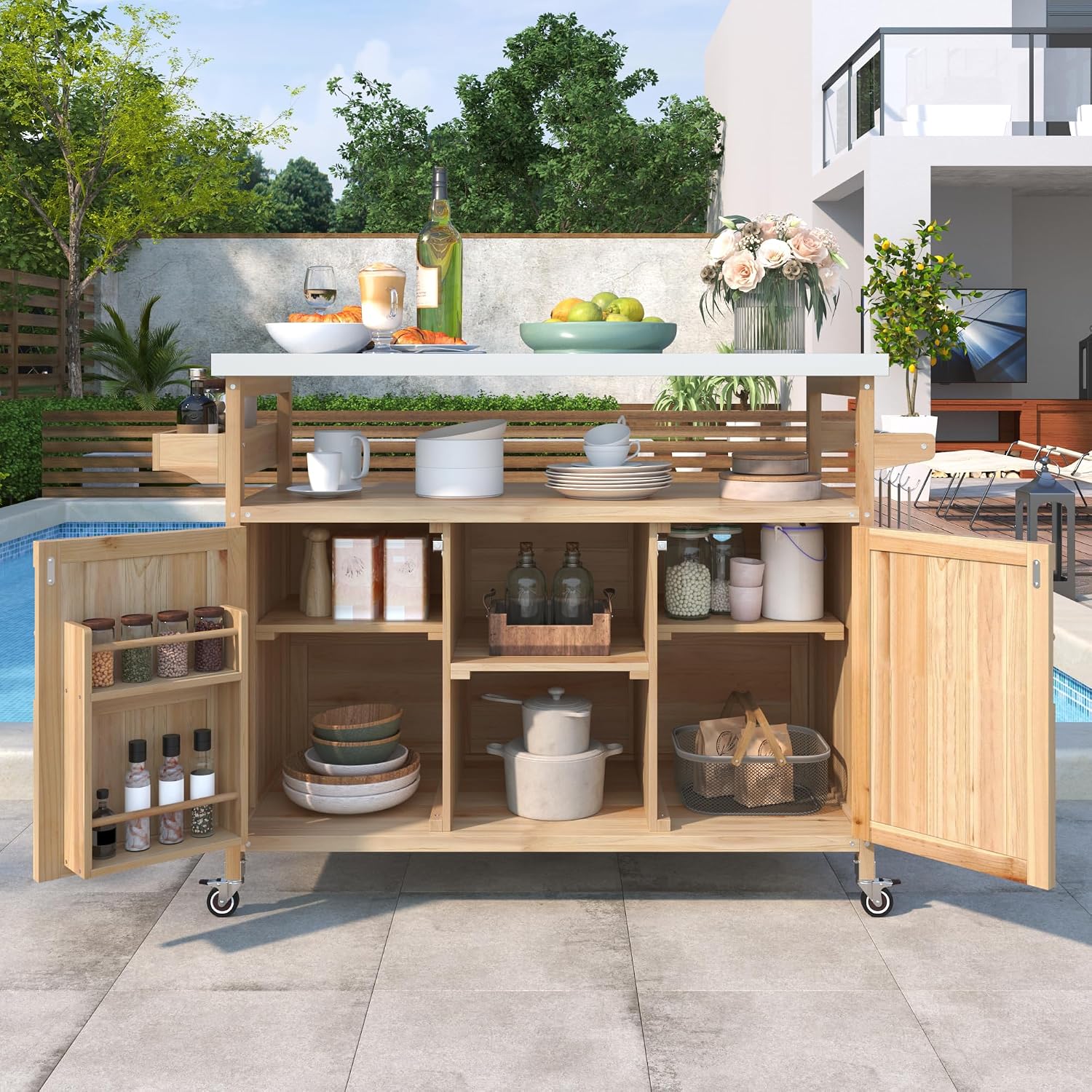 50.25' W Grill Cart with Stainless Steel Tabletop - Outdoor Storage Cabinet for BBQ, Bar Patio Kitchen Island with Ample Storage and Lockable Wheels
