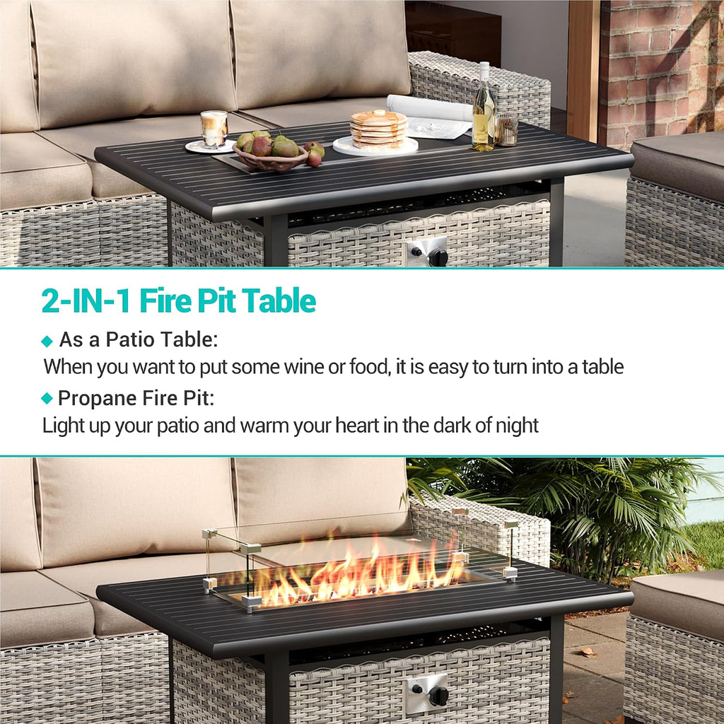7Pcs Patio Rocking Swivel Chair with 55,000 BTU Fire Pit Table Outdoor Wicker Rattan Bistro Set with Tempered Glass Side Table, Outdoor Patio Furniture Set for Garden and Balcony, Beige