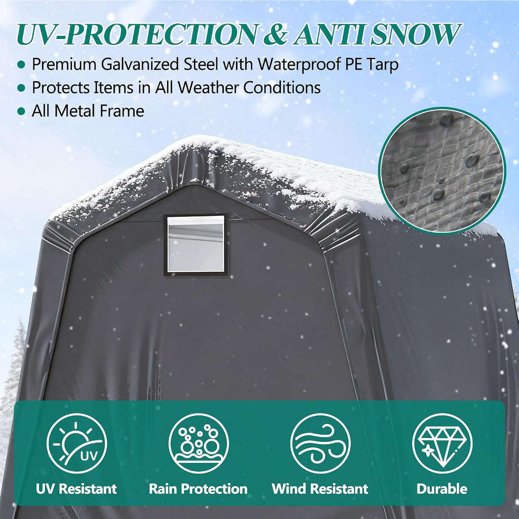GARTOO 8' x 8' Outdoor Storage Shelter Shed- Heavy Duty Storage Tent with Roll-up Ventilated Windows, Portable Garage Zipper Storage shed for Bike, ATV, Motorcycle Shelter, Gray