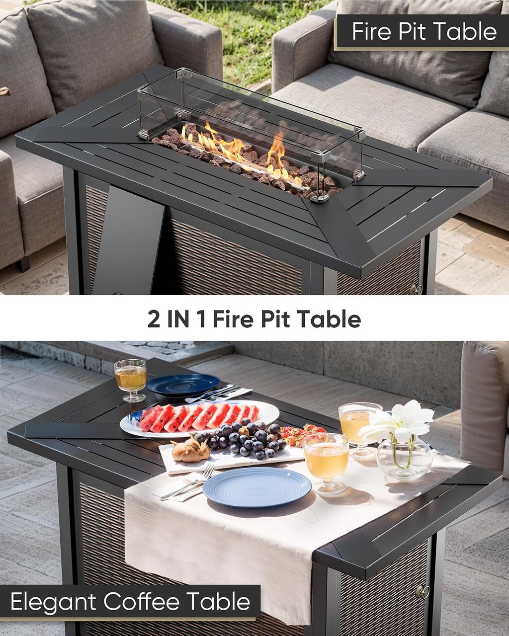 HUMMUH 4 Pieces Patio Furniture Set with Fire Pit High Back Outdoor Furniture Set 6-inch Cushions Wicker Patio Swivel Rocker Chairs for Balcony Garden,Lawn,Deck