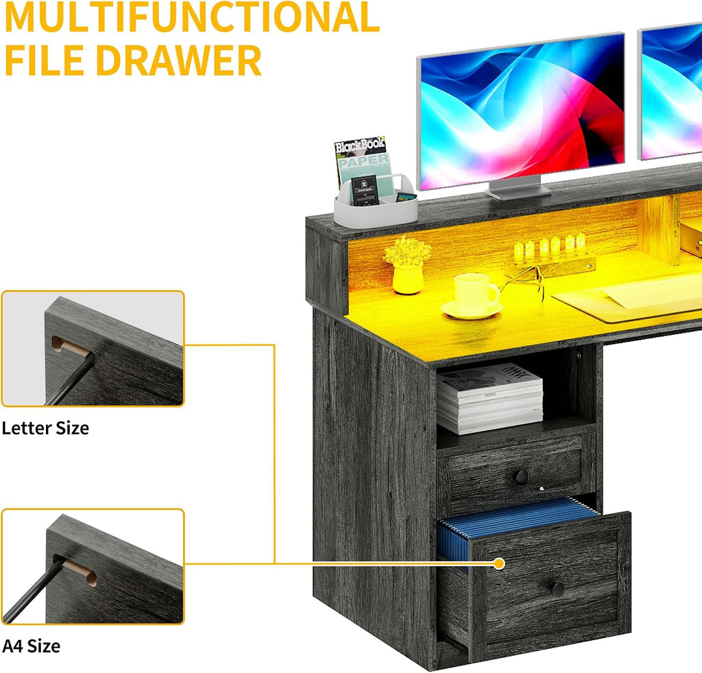 DWVO L Shaped Desk with Drawers, 60' Corner Computer Desk with Power Outlets & Lift Top, Home Office Desk with Storage Cabinet & LED Lights, Wood Desk, Height Adjustable Desk, Grey