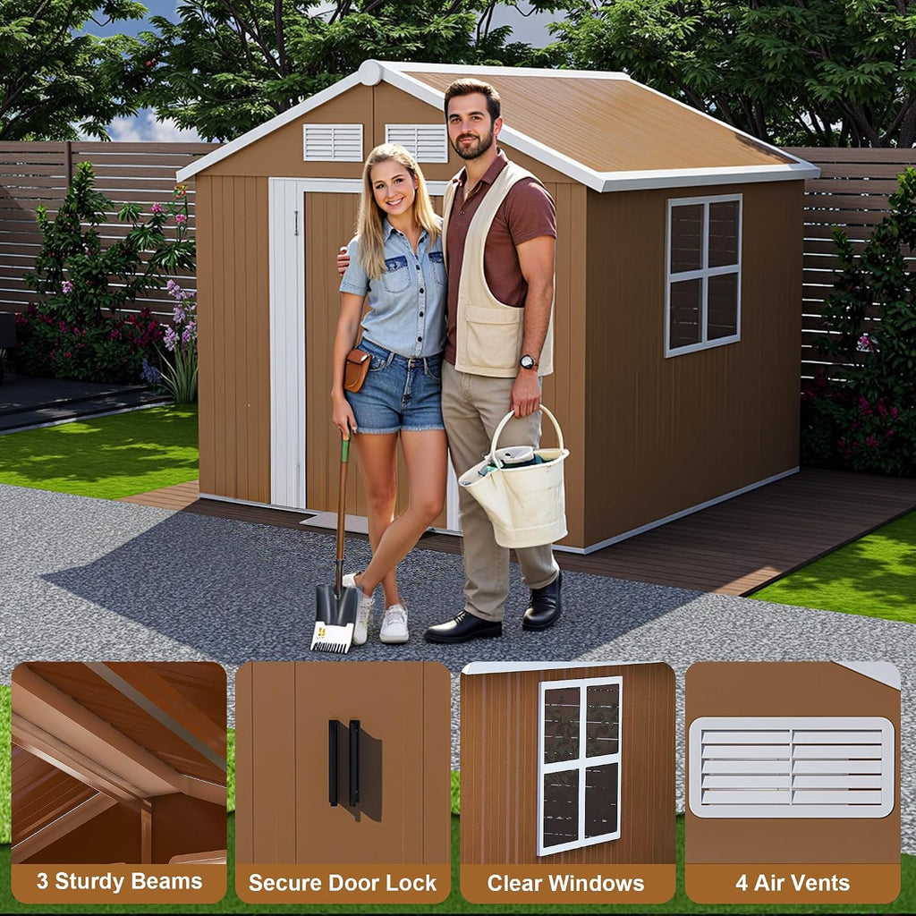 YOPTO 6X4 FT Heavy-Duty Metal Storage Shed with Windows,Waterproof Sheds & Outdoor Storage w/Rolling Door Lockable Door & Ventilation,Tool Organization,Sloped Roof,4-Season Ready,Brown