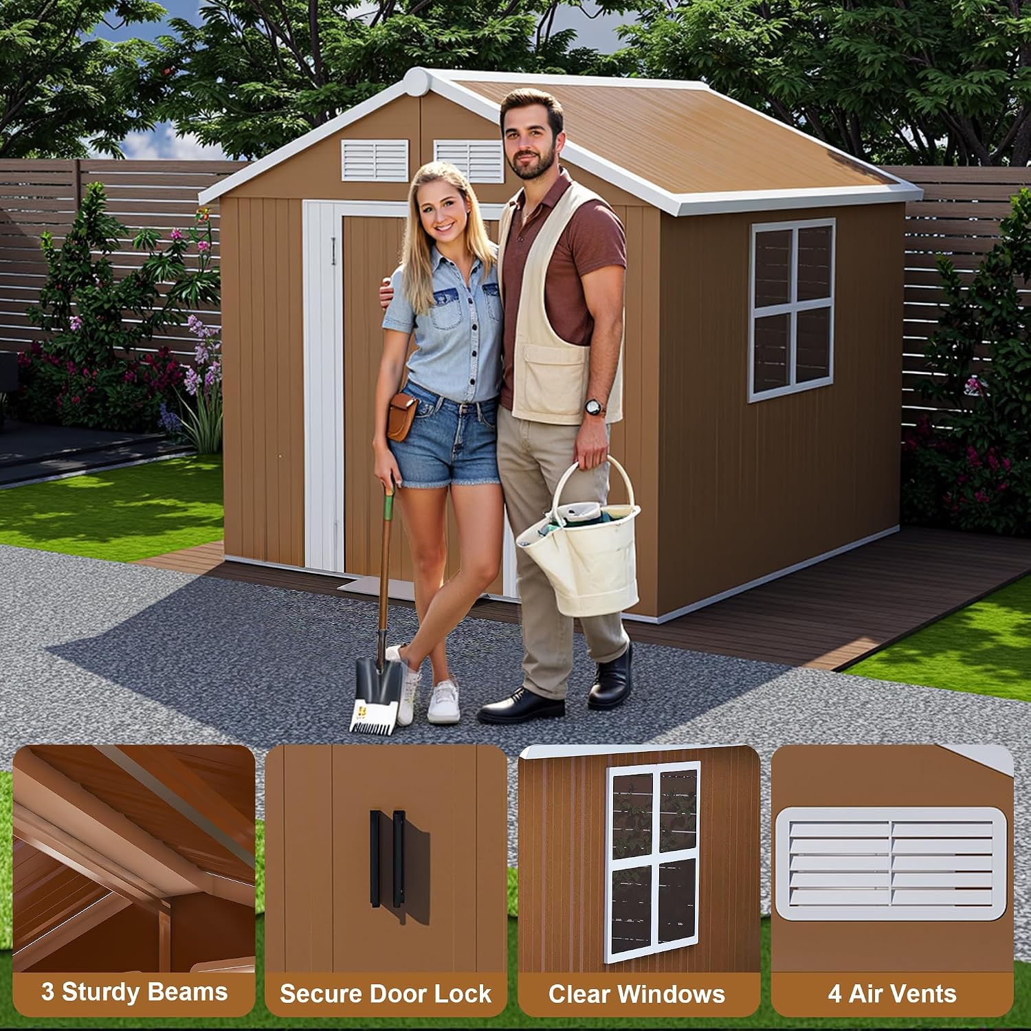 YOPTO 6X4 FT Heavy-Duty Metal Storage Shed with Windows,Waterproof Sheds & Outdoor Storage w/Rolling Door Lockable Door & Ventilation,Tool Organization,Sloped Roof,4-Season Ready,Brown