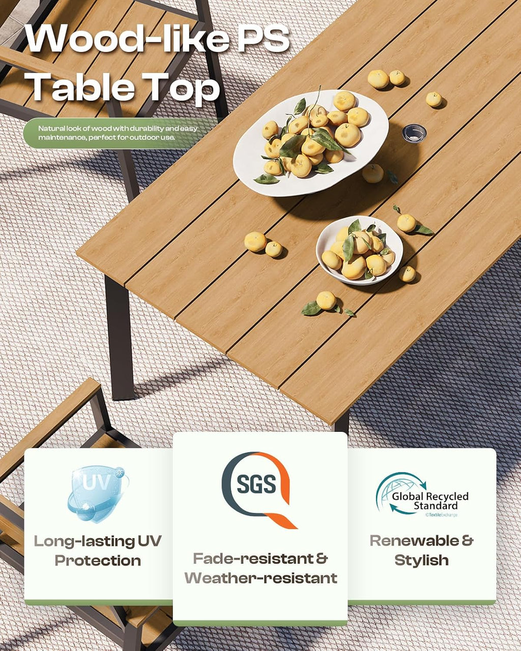 67' Rectangle HDPS Patio Dining Table, Aluminum Outdoor Patio Dining Table with Umbrella Hole, Weather-Resistant for Lawn, Garden, Yard, Poolside and Indoor Use (Gray & Teak)