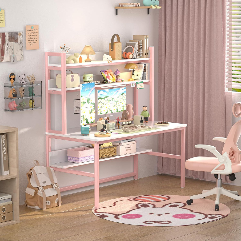 Aquzee Pink Girls Desk with Hutch, 55in Computer Desk with Bookshelf for Teens Adults, Craft Table for Bedroom Kids Room, White Pink Study Table with Shelves for Storage