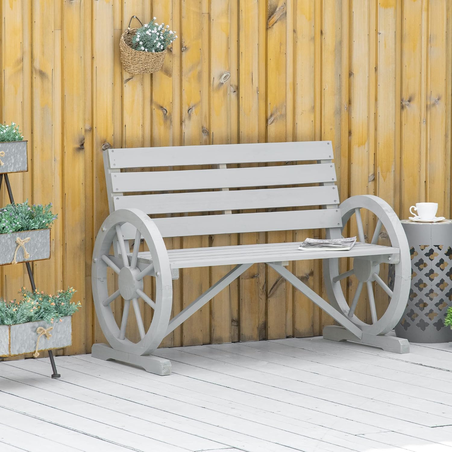 Outsunny 41' Wooden Wagon Wheel Bench, Rustic Outdoor Patio Weather Resistance Furniture, 2-Person Slatted Seat Bench with Backrest, Light Gray