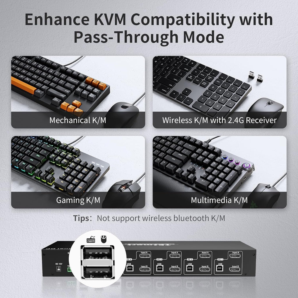 TESmart 4 Port KVM Switch Dual Monitor DisplayPort, 4K@60Hz KVM Switch 4 Computers 2 Monitors, DCCI, Audio Out, USB 2.0 Devices, Hotkey Switch, 2K@144Hz, Rack-Mount Ears, with Cables (NO EDID)