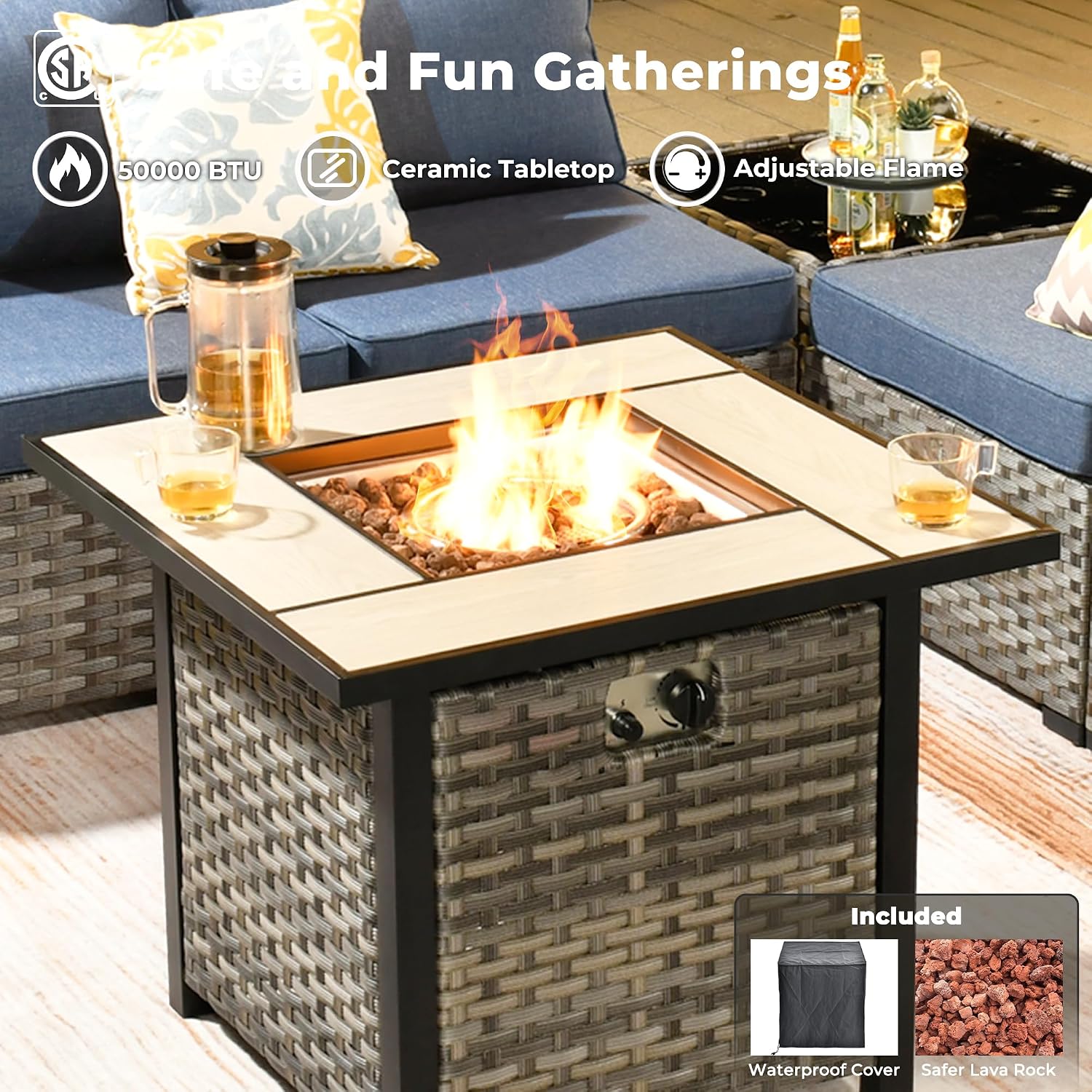 ovios 7 Pieces Patio Furniture Set, Outdoor Wicker Sectional Sofa with 30 Inch Fire Pit Table Comfy Cushions, Modern Modular Deep Seat Rattan Couch Conversation Set, Denim Blue