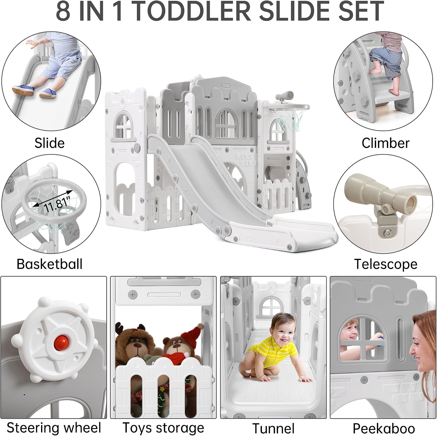 Garvee Toddler Slide 8 in 1 Toddler Playset for Toddlers Age 1-3, Baby Playset for Indoor Outdoor Playground with Climber, Crawling Tunnel, Basketball Hoop, Telescope, Toy Storage