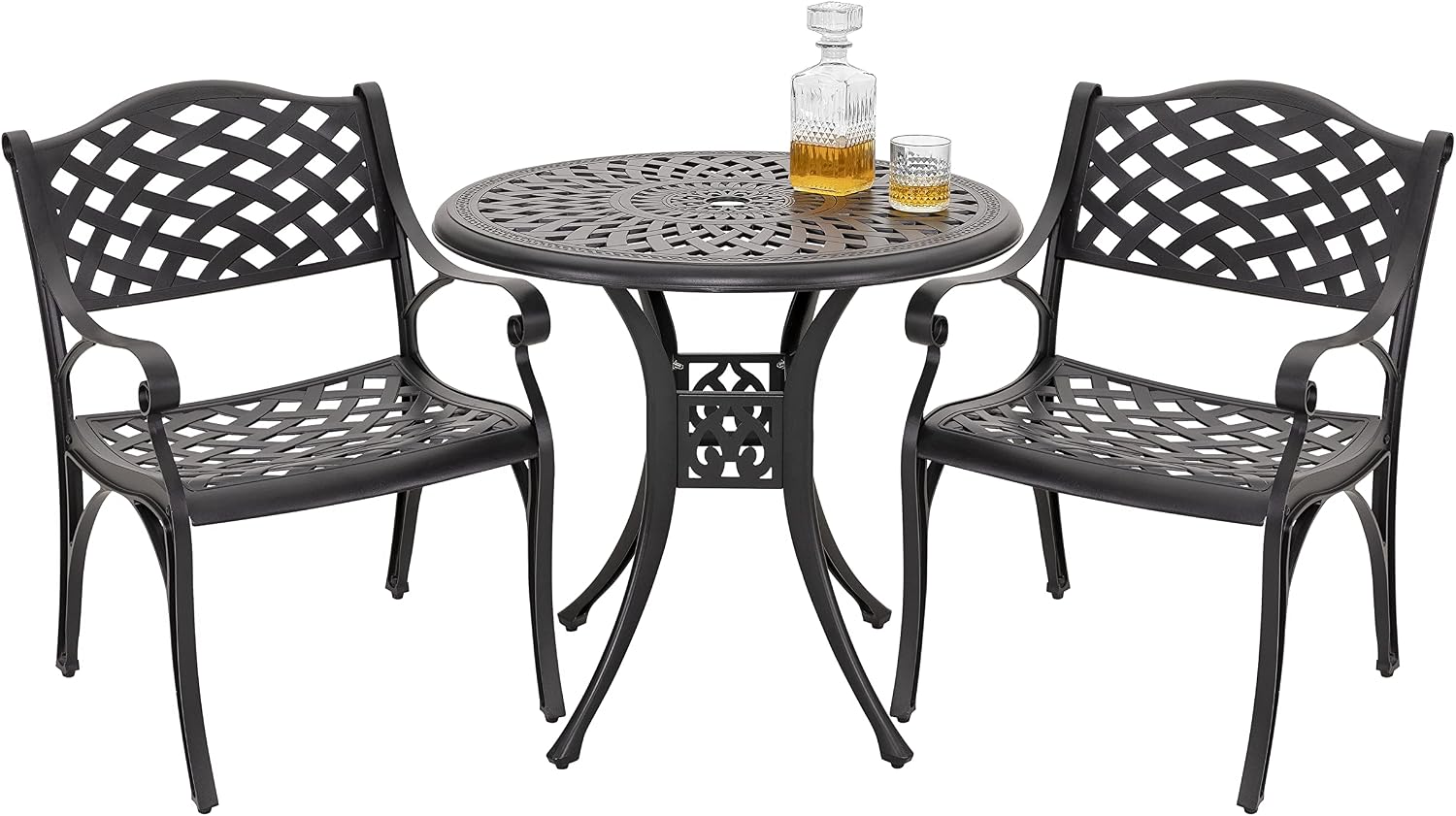 NUU GARDEN 3 Piece Outdoor Cast Aluminum Bistro Table Set Rustproof Table and Chairs with Umbrella Hole for Backyard, Balcony, Front Porch, Black