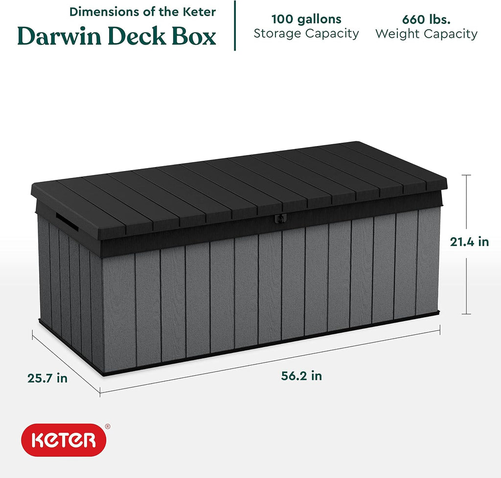 Keter Darwin 100 Gallon Resin Large Deck Box - Organization and Storage for Patio Furniture, Outdoor Cushions, Garden Tools and Pool Toys, Grey & Black