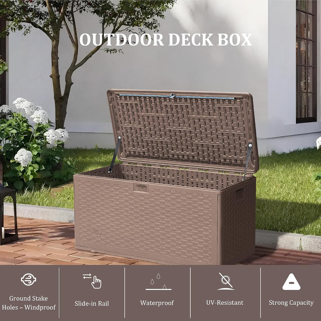 Outdoor Storage Box Waterproof, 73 Gallon Pro Lockable Resin Deck Box Large, Patio Storage Bin for Pool Accessories Cushion Furniture, Garden Tools, UV-Resistant Outside Delivery Brown