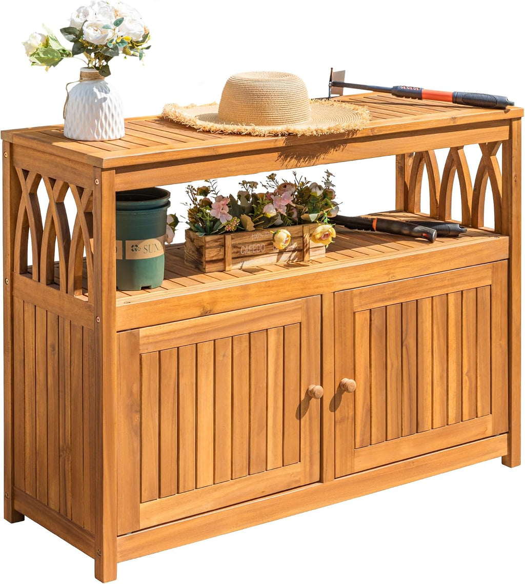 Devoko Outdoor Storage Cabinet, Weatherproof Cabinet Acacia Wood with 2 Magnetic Doors and Shelve, Outdoor Buffet, TV Stand, Potting Table (Brown)