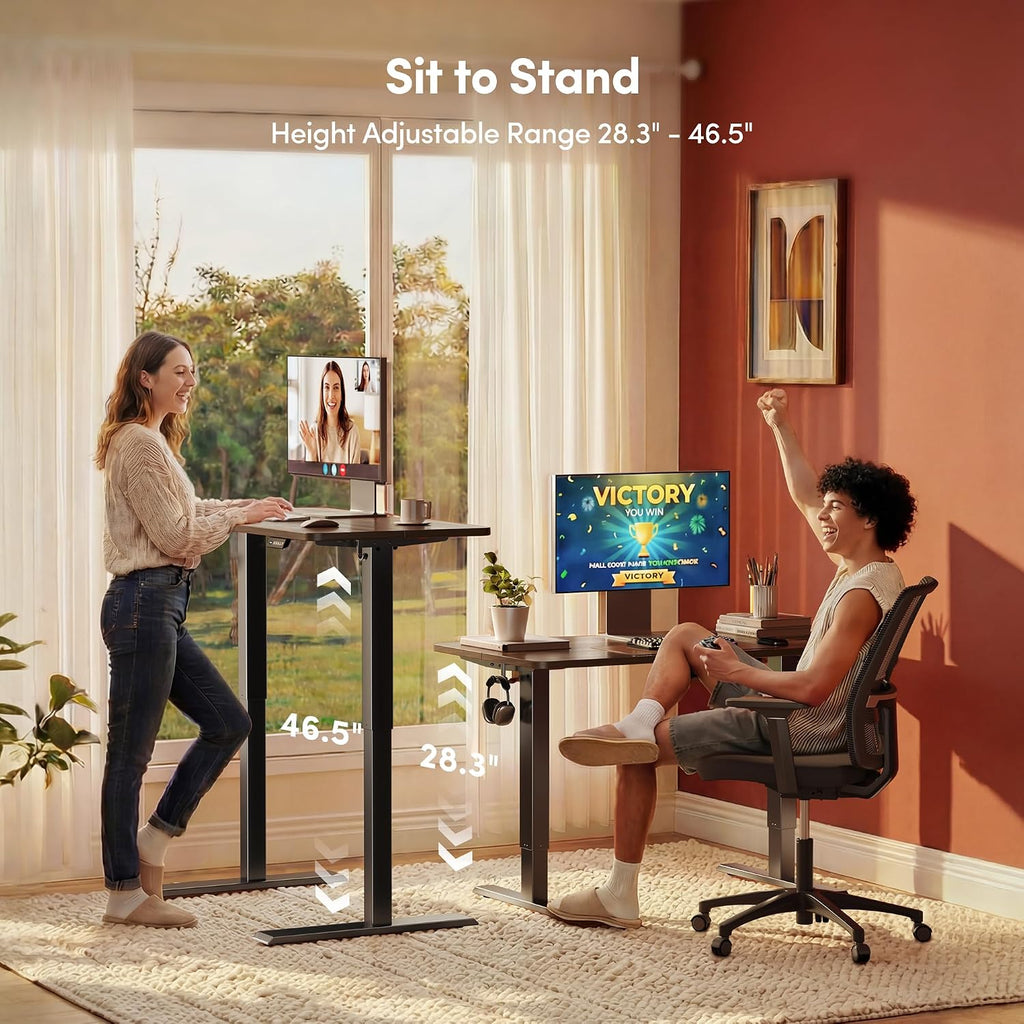 FEZIBO Standing Desk, 63×28 Inches Electric Height Adjustable, Sit Stand Up, Computer Office Desk with Splice Board, Black Frame/Black Walnut TOP