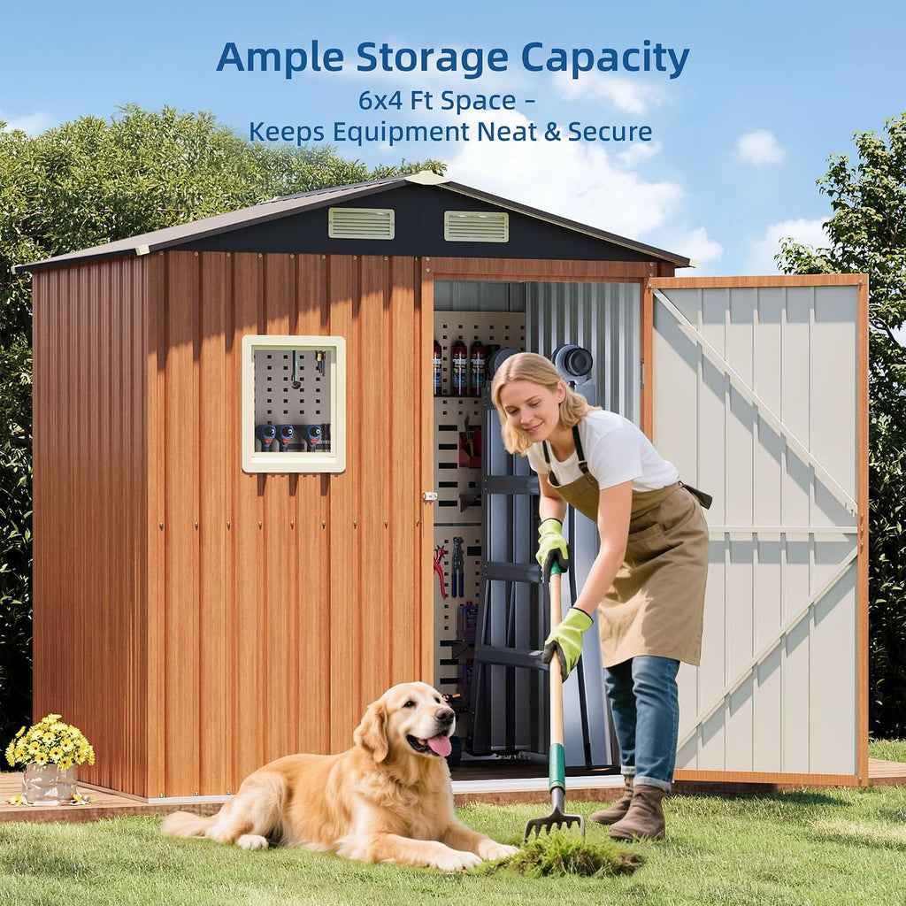 6x4FT Outdoor Storage Shed, Metal Garden Shed with Floor Base & Updated Frame Structure, Lockable Door and Window, Large Tool Shed for Backyard, Patio, Lawn, Utility & Bike Storage