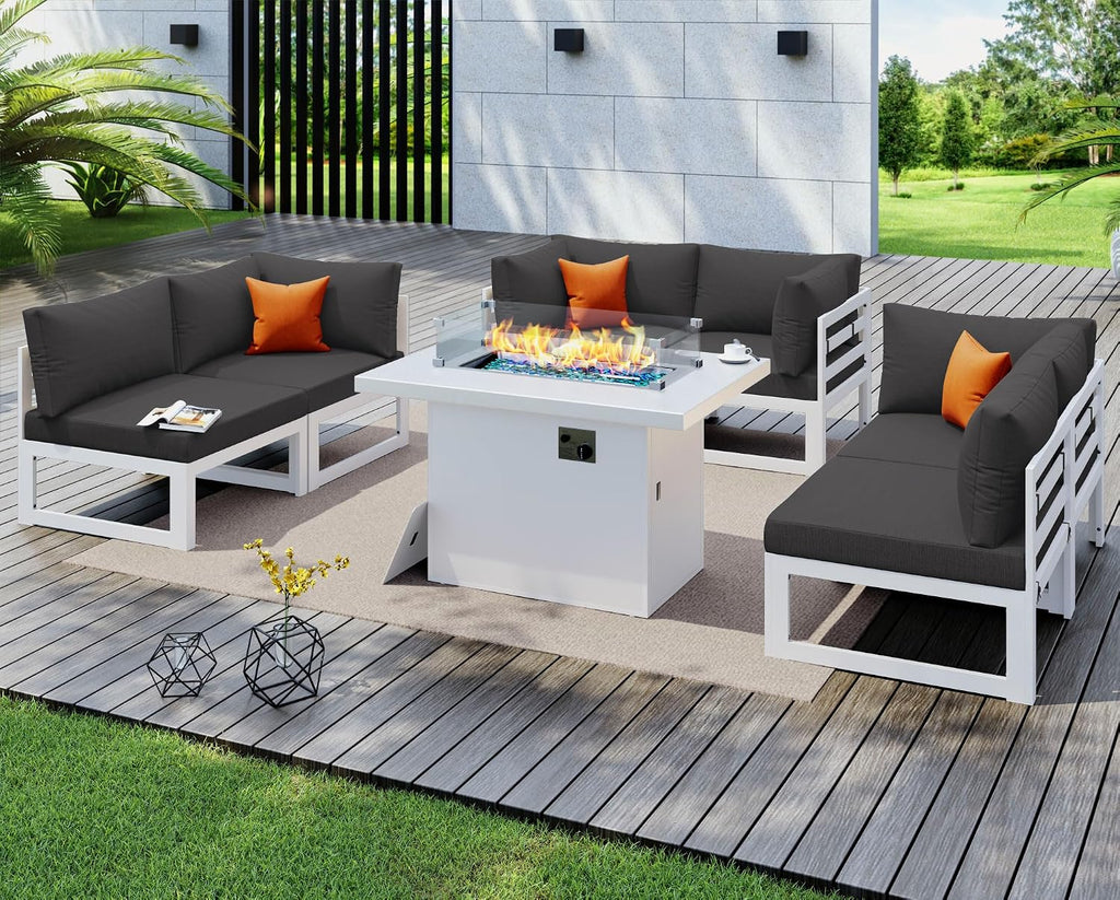 NICESOUL 7 Piece Modern Aluminum Patio Furniture Set with Fire Pit Table, 500 lbs Heavy Duty Outdoor Sectional Sofa, 29' Deep Wide Oversized Seating Conversation Couch for Garden Exterior, Dark Gray