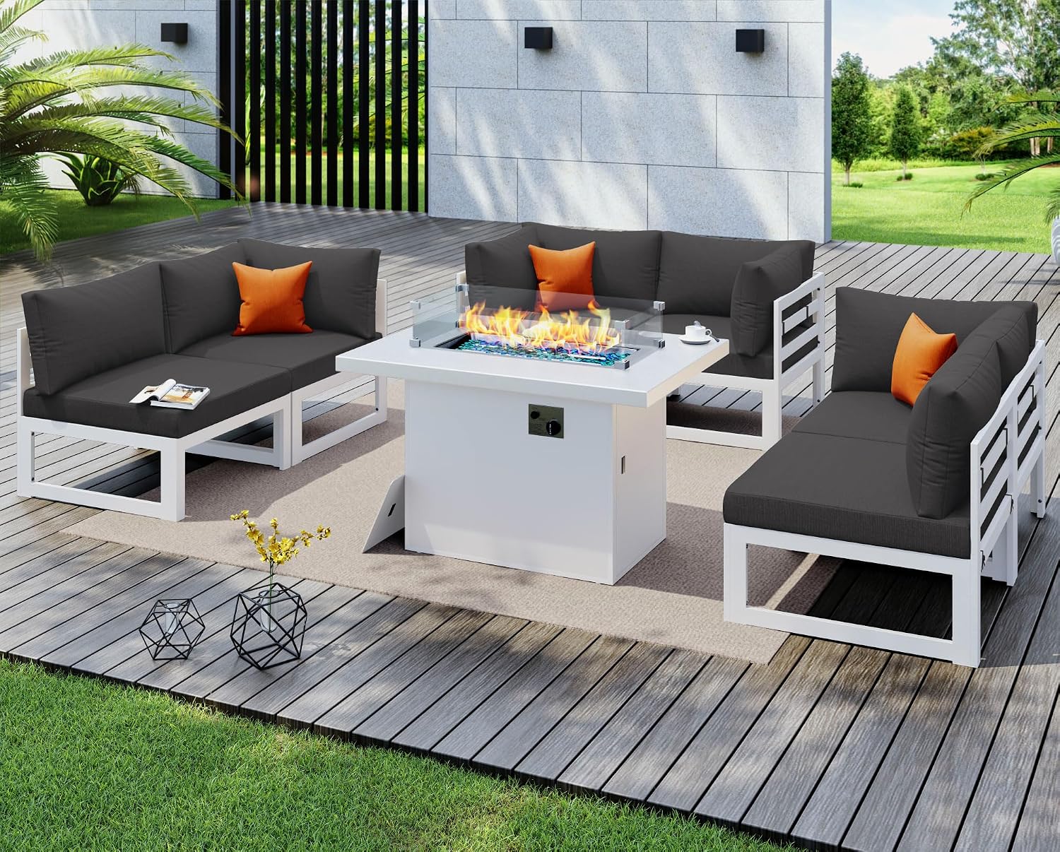 NICESOUL 7 Piece Modern Aluminum Patio Furniture Set with Fire Pit Table, 500 lbs Heavy Duty Outdoor Sectional Sofa, 29' Deep Wide Oversized Seating Conversation Couch for Garden Exterior, Dark Gray
