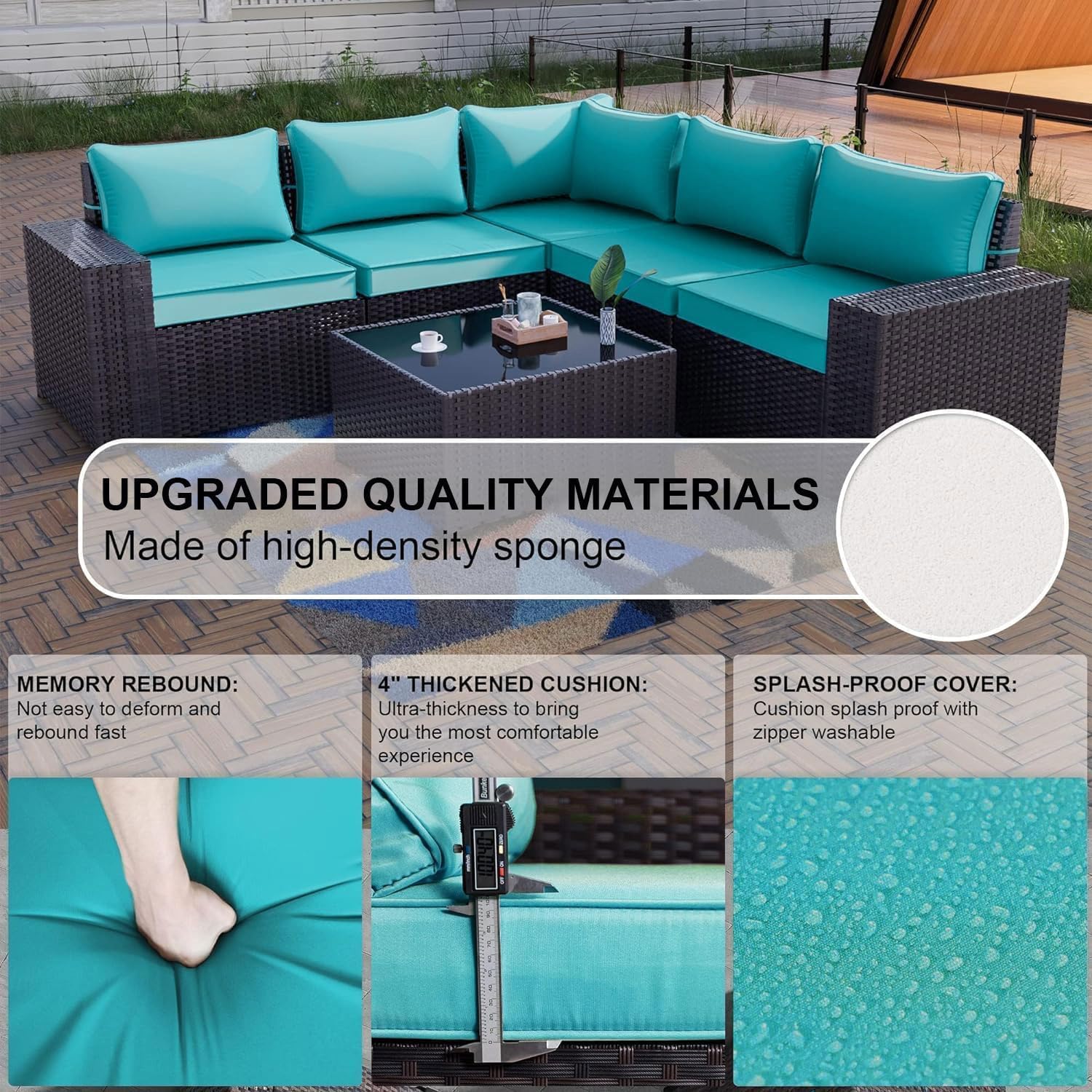 Kullavik Outdoor Patio Furniture Set 6 Pieces Sectional Rattan Sofa Set Brown PE Rattan Wicker Patio Conversation Set with 5 Seat Cushions and 1 Tempered Glass Table, Turquoise Blue