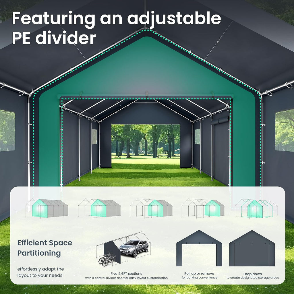 PHI VILLA Portable Garage Carport,13x24ft Car Tent Shed Carports canopy Outside Storage Tents Shelter, Heavy Duty Garages Shelters Waterproof UV Resistant with Rollup Zipper Doors for Cars,Boats,Tools