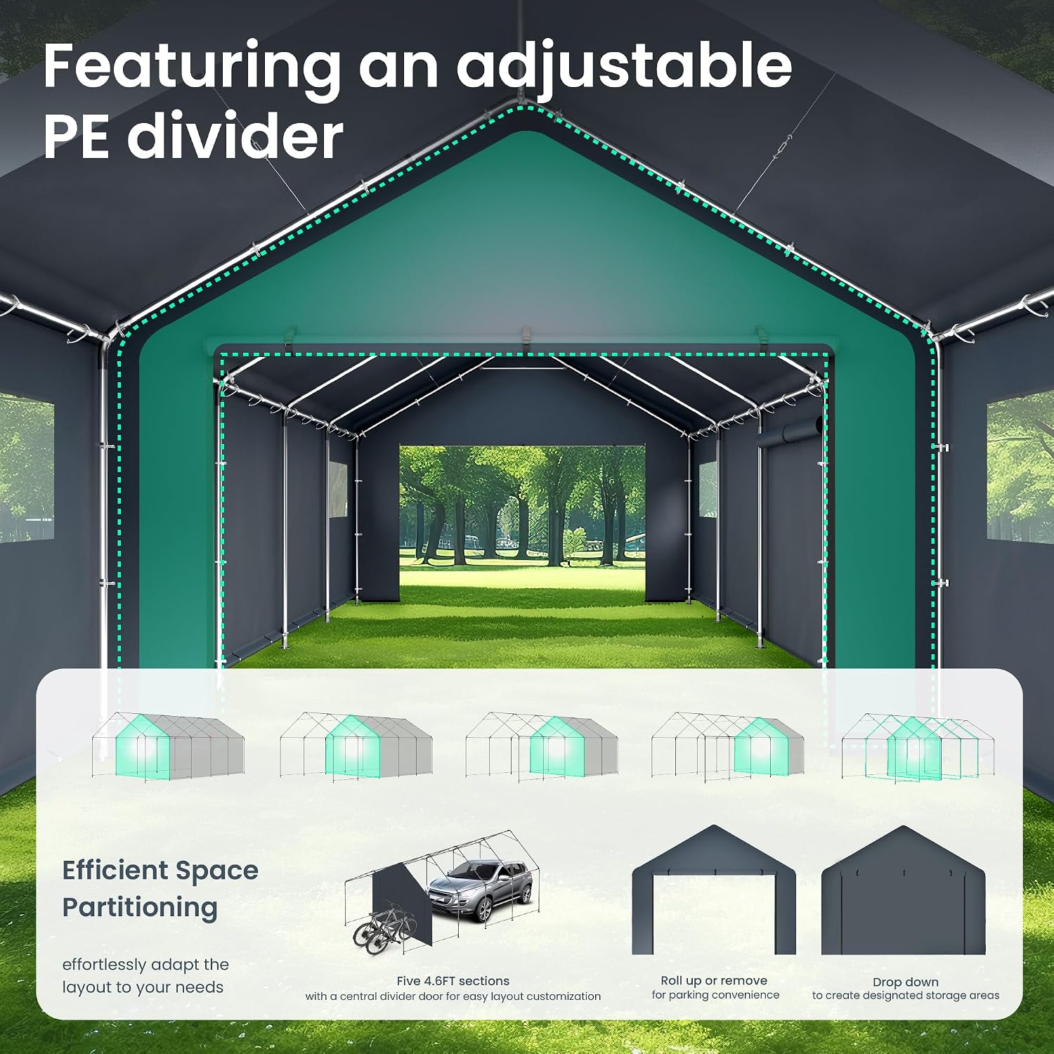 PHI VILLA Portable Garage Carport,13x24ft Car Tent Shed Carports canopy Outside Storage Tents Shelter, Heavy Duty Garages Shelters Waterproof UV Resistant with Rollup Zipper Doors for Cars,Boats,Tools