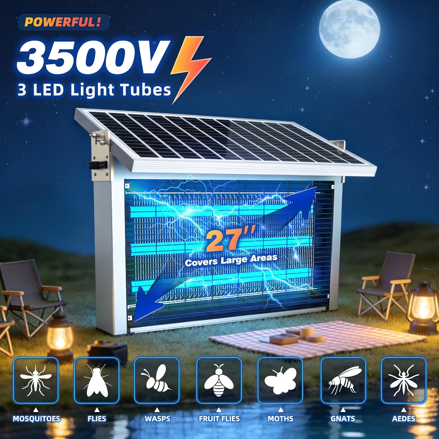 Powerful Large Solar Bug Zapper Outdoor for 1/2 Acre, Poartable Rechargeable Mosquito Zapper with High Powered, Cordless Solar Fly Zapper for Patio Garden Backyard Farm Pest Control