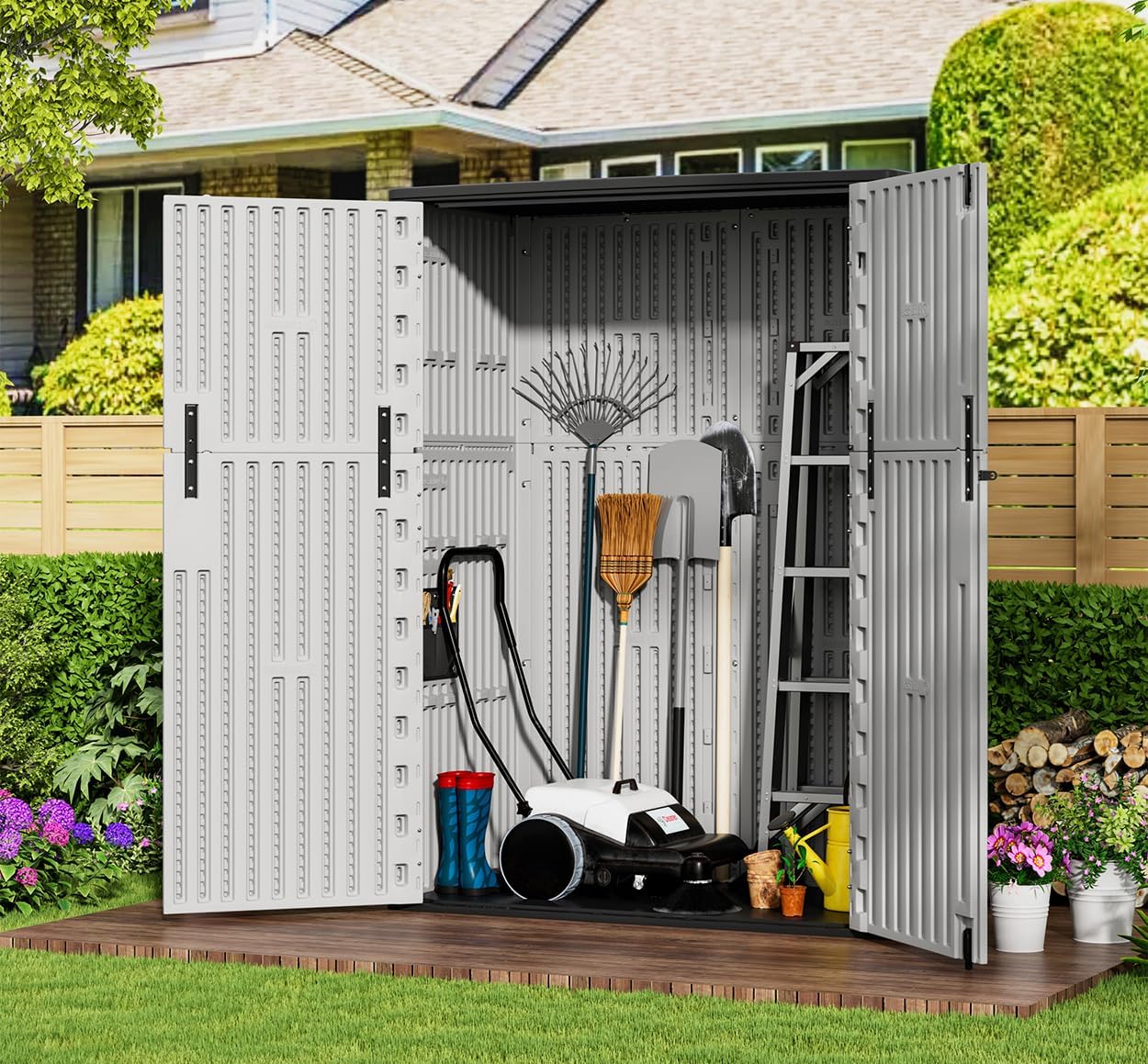 KINYING Outdoor Vertical Storage Shed,57 Cu.ft Outdoor Storage Cabinet Waterproof,Resin Sheds & Outdoor Storage for Garden,Patio,Backyard,Lockable (Grey Color)