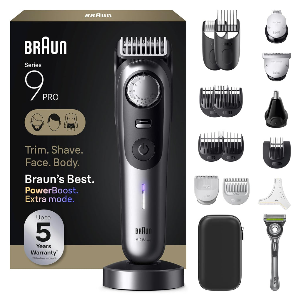 Braun Series 9 PRO All-in-One Beard & Body Grooming Kit for Men, Cordless Trimmer, Hair Clippers & Shaver for Face, Hair & Body with Gillette Labs Razor, AIO 9570
