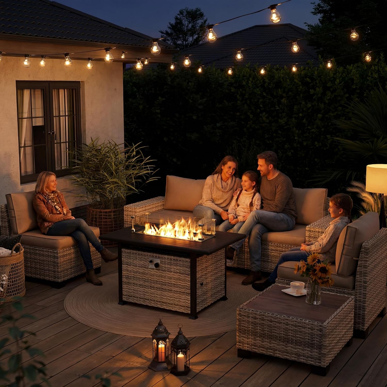 7 Pieces Outdoor Patio Furniture Set with 55,000 BTU Propane Fire Pit Table, PE Wicker Rattan Sectional Sofa Patio Conversation Set with Coffee Table, Dark Grey