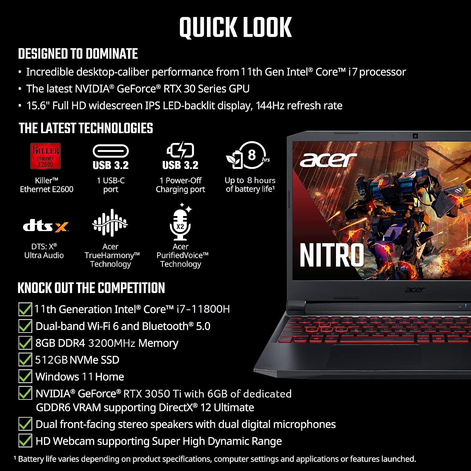 Acer Nitro 5 AN515-57-79TD Gaming Laptop | Intel Core i7-11800H | NVIDIA GeForce RTX 3050 Ti Laptop GPU | 15.6' FHD 144Hz IPS Display | 8GB DDR4 | 512GB NVMe SSD | Killer Wi-Fi 6 | Backlit Keyboard
