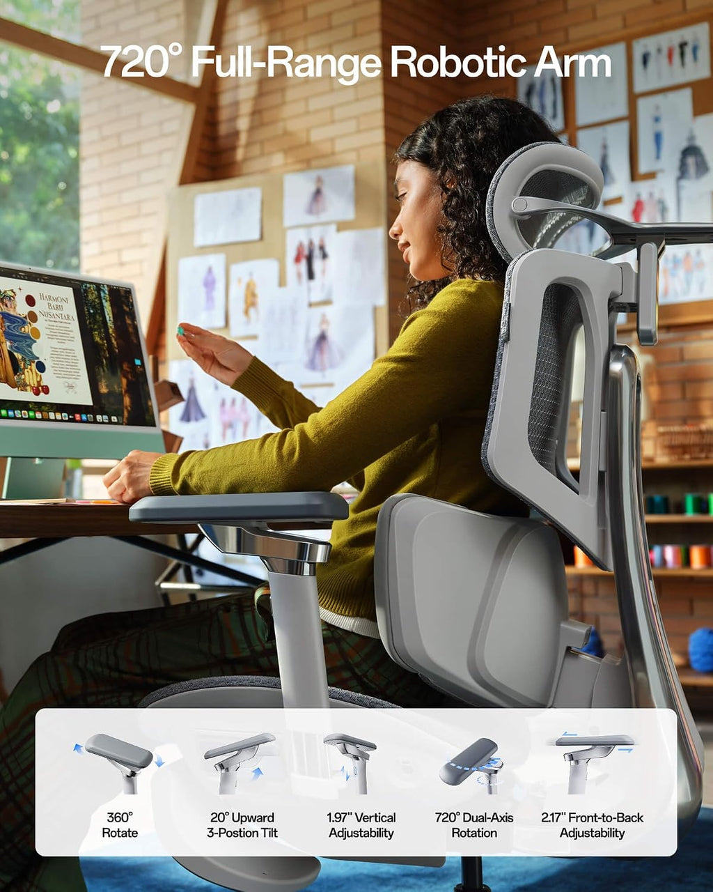 Hbada X7 Smart Ergonomic Chair, Office Chair, with Fully Automated Lumbar Tracking, 4D Adjustable Headrest, 720° Adjustable Armrests, Ventilated Seat Cushion, Swivel, Grey