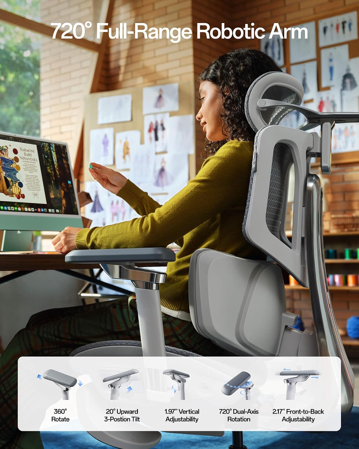 Hbada X7 Smart Ergonomic Chair, Office Chair, with Fully Automated Lumbar Tracking, 4D Adjustable Headrest, 720° Adjustable Armrests, Ventilated Seat Cushion, Swivel, Grey