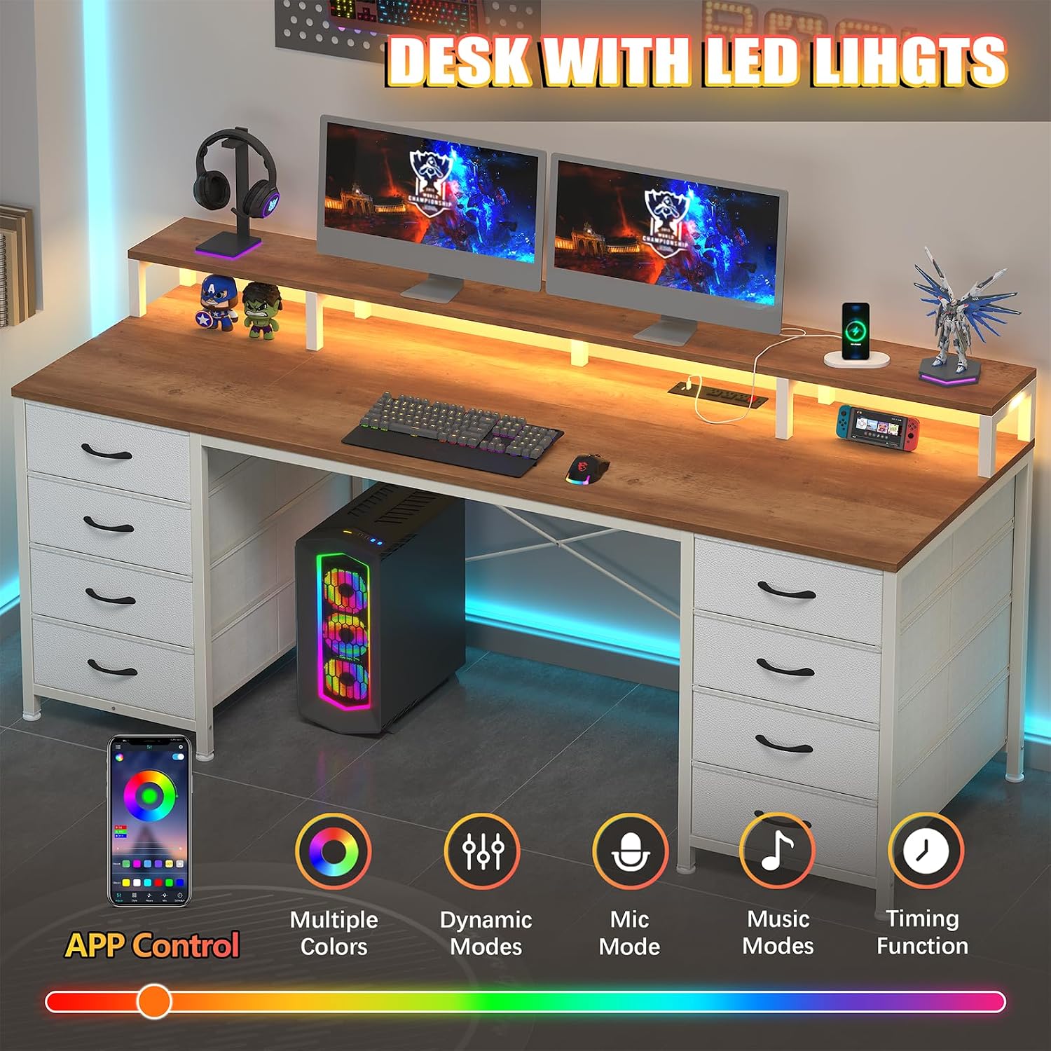 YOMILUVE 60 Inch Computer Desk with 8 Fabric Drawers, Gaming Desk with LED Lights & Power Outlets, Home Office Desk with Monitor Stand, Brown and White