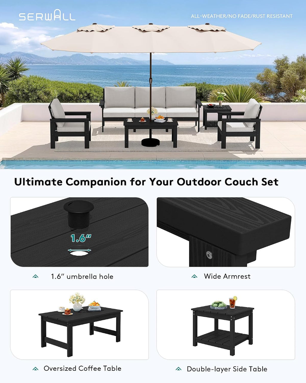 SERWALL HDPE Patio Furniture Set, 7-piece Outdoor Sectional Sofa Set, All Weather Outdoor Couch Set for Deck, Lawn, Black Frame with Khaki Cushion