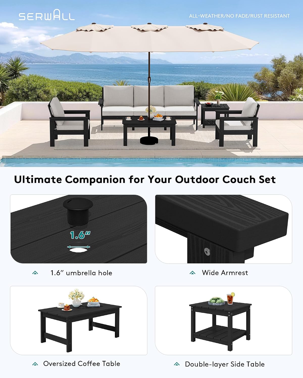 SERWALL HDPE Patio Furniture Set, 7-piece Outdoor Sectional Sofa Set, All Weather Outdoor Couch Set for Deck, Lawn, Black Frame with Khaki Cushion