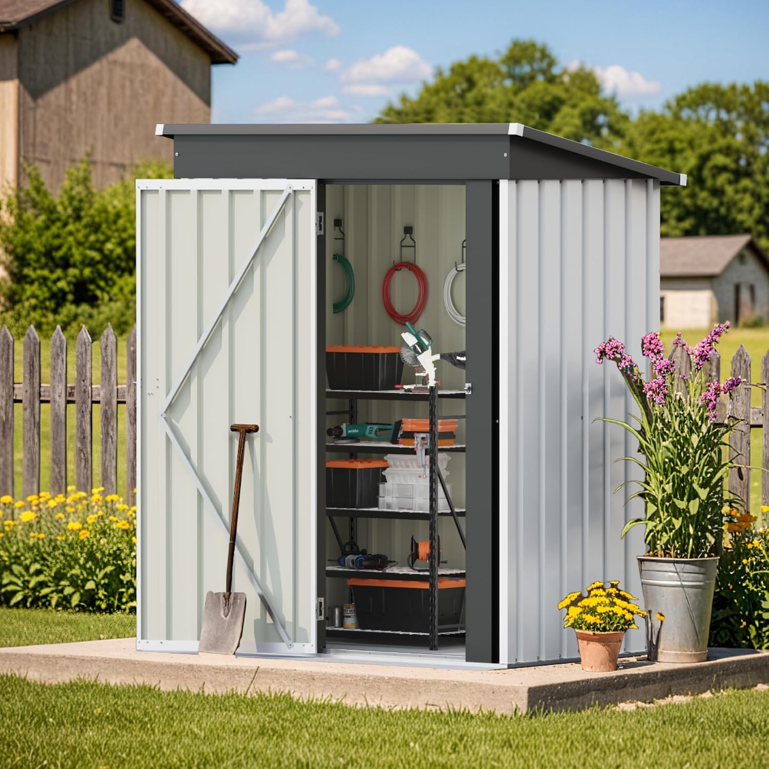 Patiolife 5x3 FT Outdoor Storage Shed, Metal Shed with Lockable Door & Sloping Roof, Steel Tool Shed for Backyard Patio Lawn, White