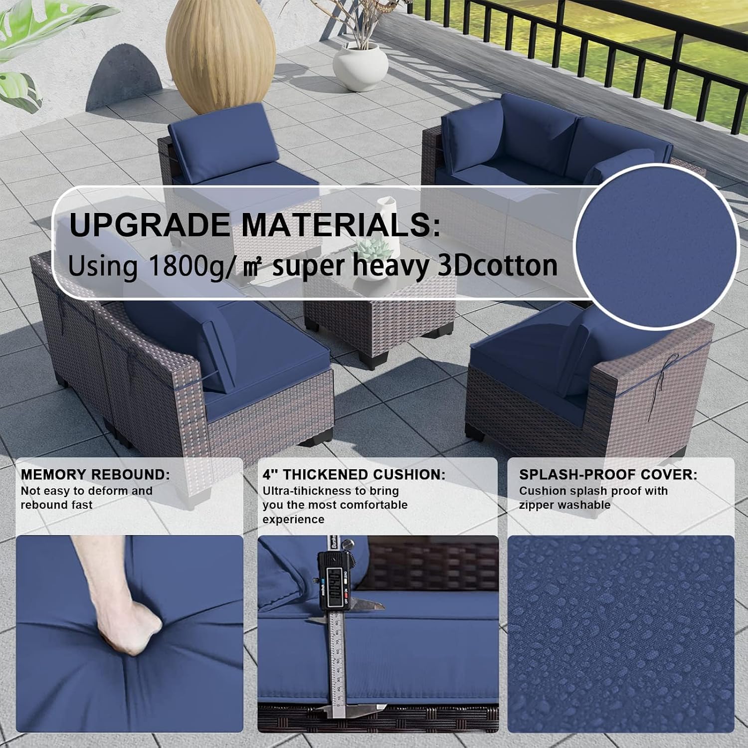Kullavik 9PCS Outdoor Patio Furniture Set PE Wicker Rattan Sectional Sofa Patio Conversation Sets,Navy Blue