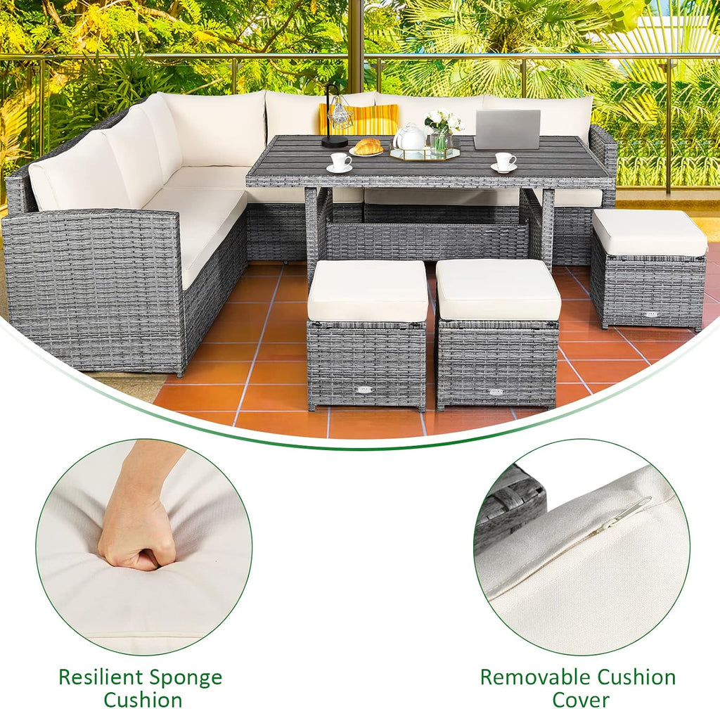 Tangkula 7 Pieces Patio Furniture Set, Outdoor Sectional Rattan Dining Sofa Set with Cushions, All Weather Wicker Conversation Couch Set with Dining Table & Ottomans for Yard Garden Poolside, White