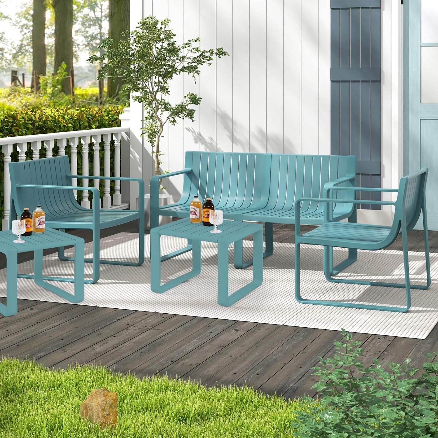 Tangkula 5-Piece Patio Furniture Set, Outdoor Conversation Set w/1 Loveseat, 2 Patio Chairs & 2 Side Tables, All-Weather Patio Bistro Set for Lawn, Backyard, Poolside, Balcony, Garden, Deck (Blue)