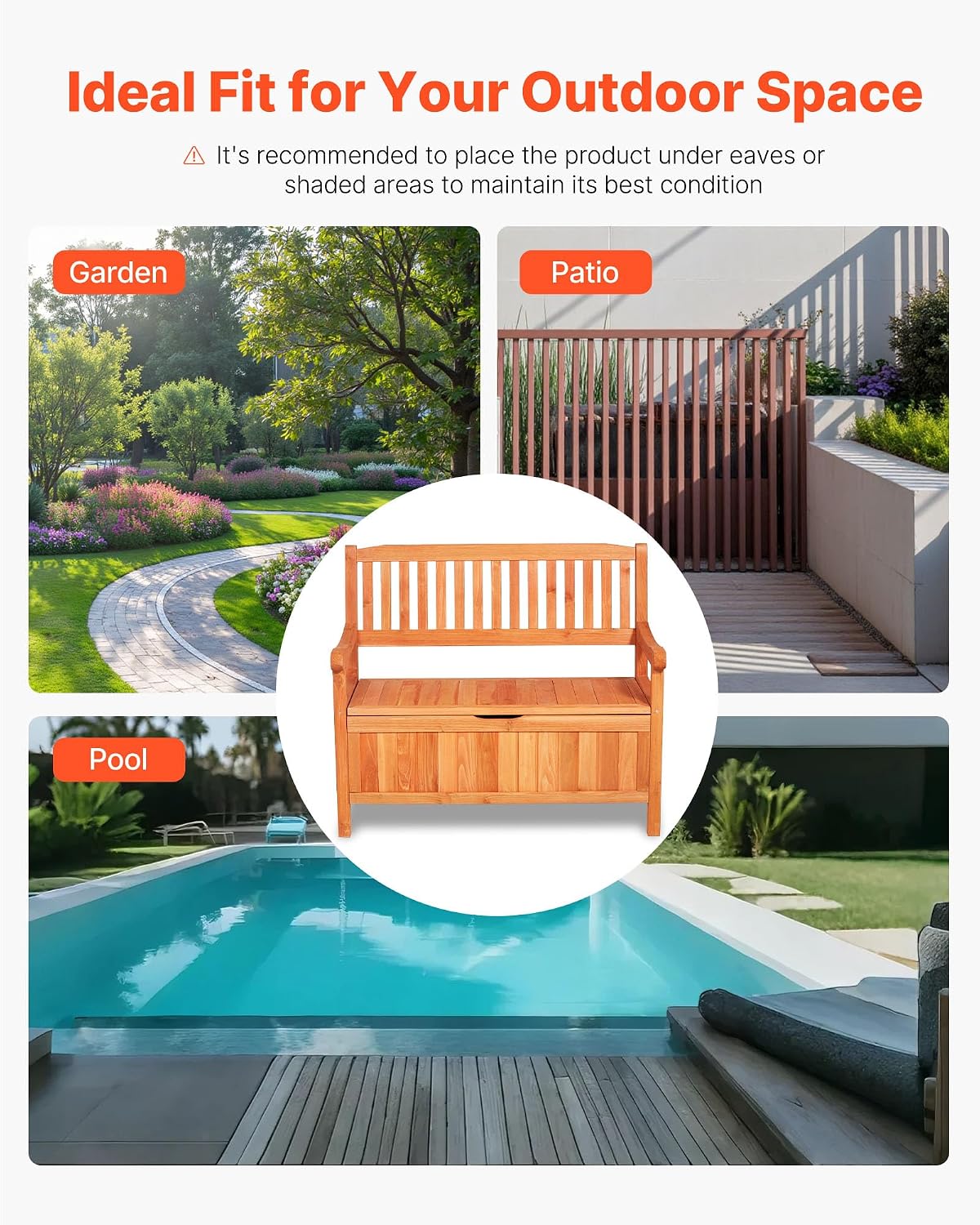 VEVOR Outdoor Storage Bench, 2-Person Wooden Storage Bench, 33 Gallons Deck Box with Side Handle, Supports up to 705 lbs, Outdoor Seating & Porch Decor, for Patio Garden Balcony Yard
