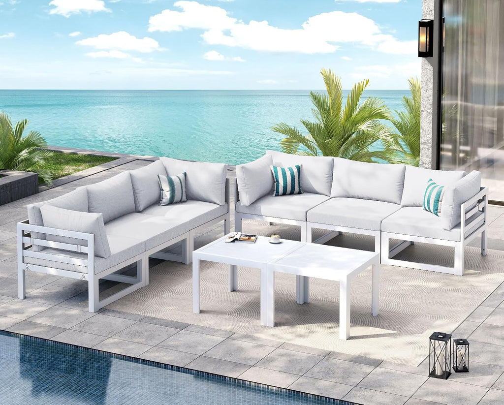 NICESOUL 8 Piece Large Luxury Aluminum Patio Conversation Set, 29' Deep Wide Comfortable Sitting, L Shaped Modular Sectional Couch, 500 lbs Heavy Duty All Weather Outdoor Sofa for Backyard, Light Gray