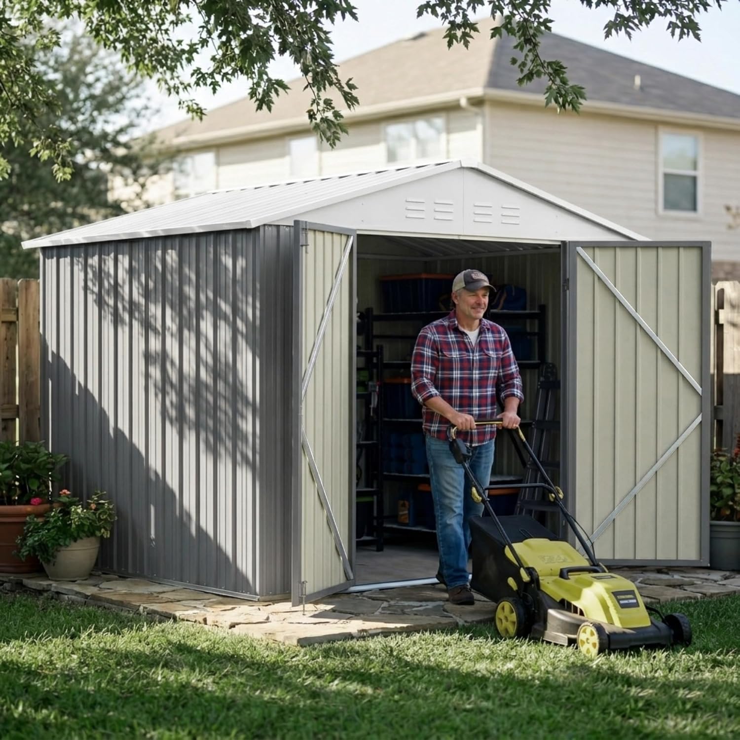 Devoko 8x10 FT Outdoor Storage Shed, Metal Tool Shed with Lockable Door&Slooping Roof, Outside Storage for Garden Backyard Patio(Gray)