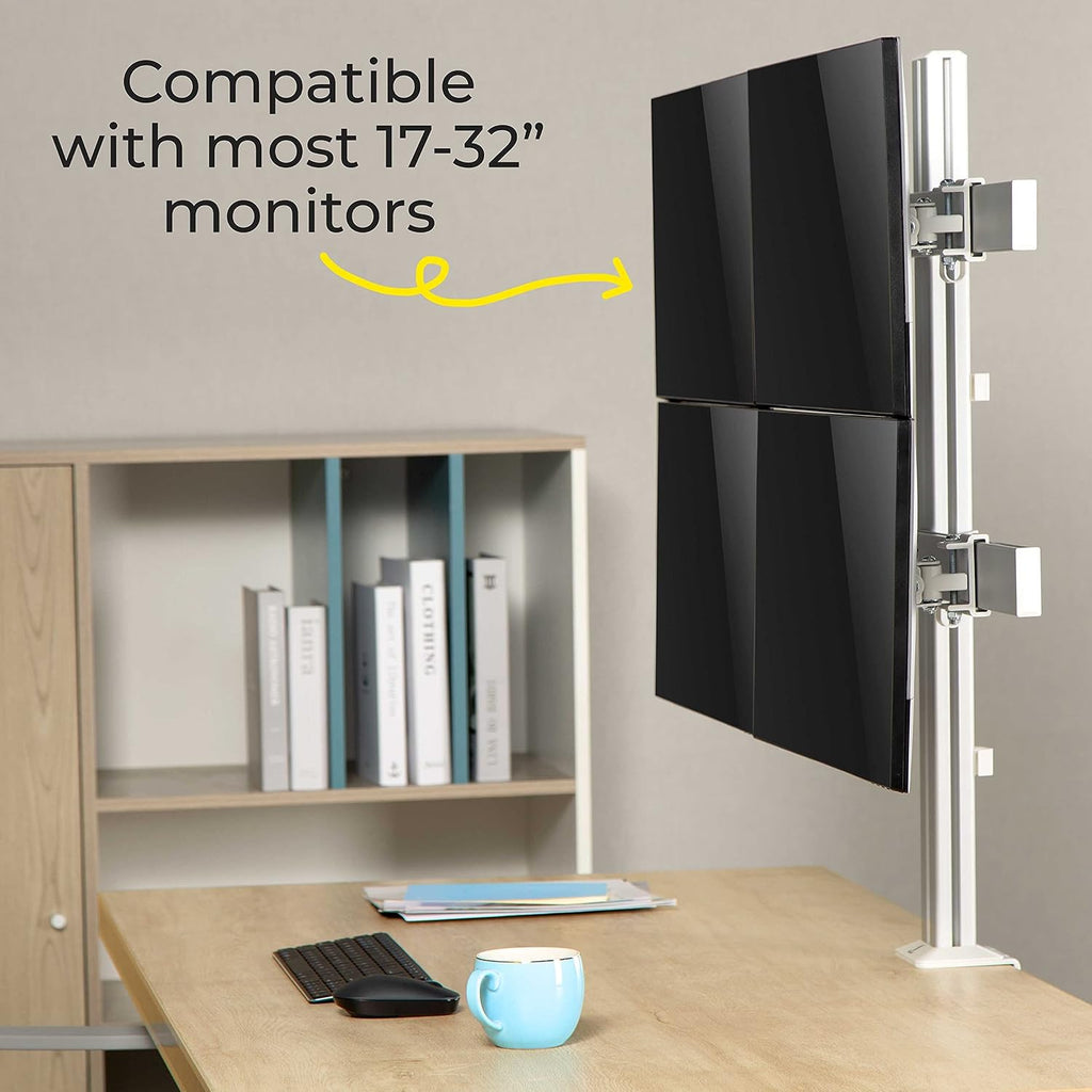 Stand Steady 4 Monitor Mount Desk Setup - Heavy-Duty Height Adjustable Monitor Stand, Swivel Arm with Clamp-On Base, Four Screen VESA Mount Fits Most LCD/LED Monitors 17-32 in. (Silver, 4 Mounts)